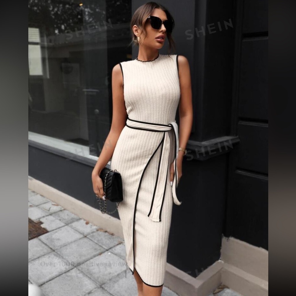 Prive Ribbed Knit Contrast Binding Belted Tank Dress - Picture 2 of 6